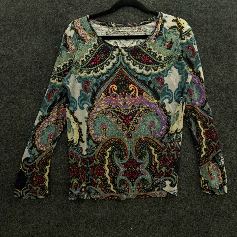 Daisy Fuentes Womens Paisley Long Sleeve Cotton Top Periwinkle Combo Y2K Large